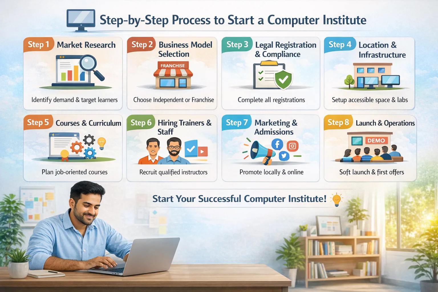 How to start a computer training institute in Rajasthan with complete business setup steps, Computer institute startup process in Rajasthan covering registration, courses, marketing, and operations, Stepwise guide image for launching a computer training center in Rajasthan