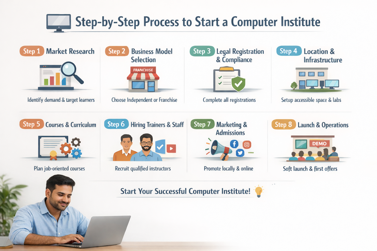 market research for computer institute, business model selection, legal registration computer institute, institute location and infrastructure, course planning and curriculum, hiring trainers and staff, marketing and admission strategy, computer institute launch operations