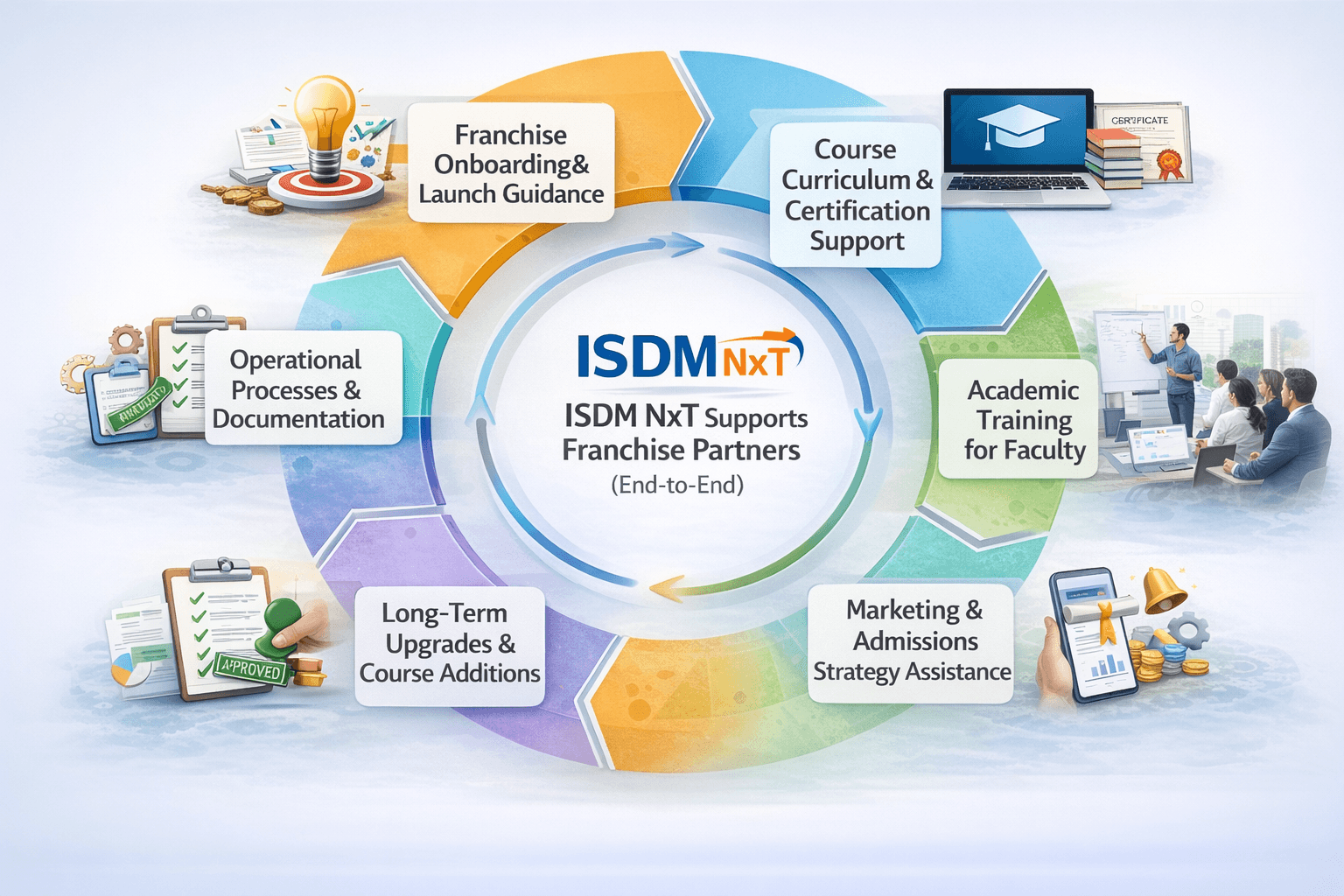 isdm nxt franchise support system in uttarakhand, computer institute franchise onboarding support by isdm nxt, education franchise training and certification support, academic training support for computer institute faculty, marketing and admissions support for education franchise, operational process support for computer institute franchise, long term upgrade and course support for edtech franchise