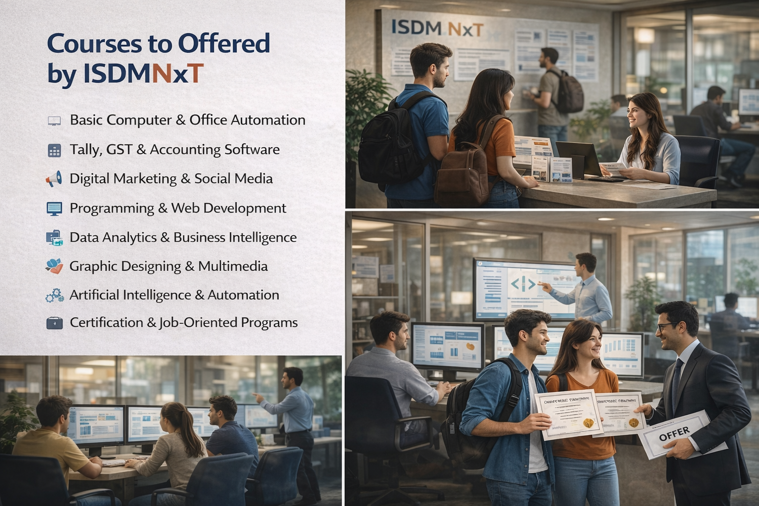 Job-oriented computer courses and AI training programs by ISDM NxT, ISDM NxT computer institute courses for students and job seekers, ISDM NxT training programs with certification and placement support
