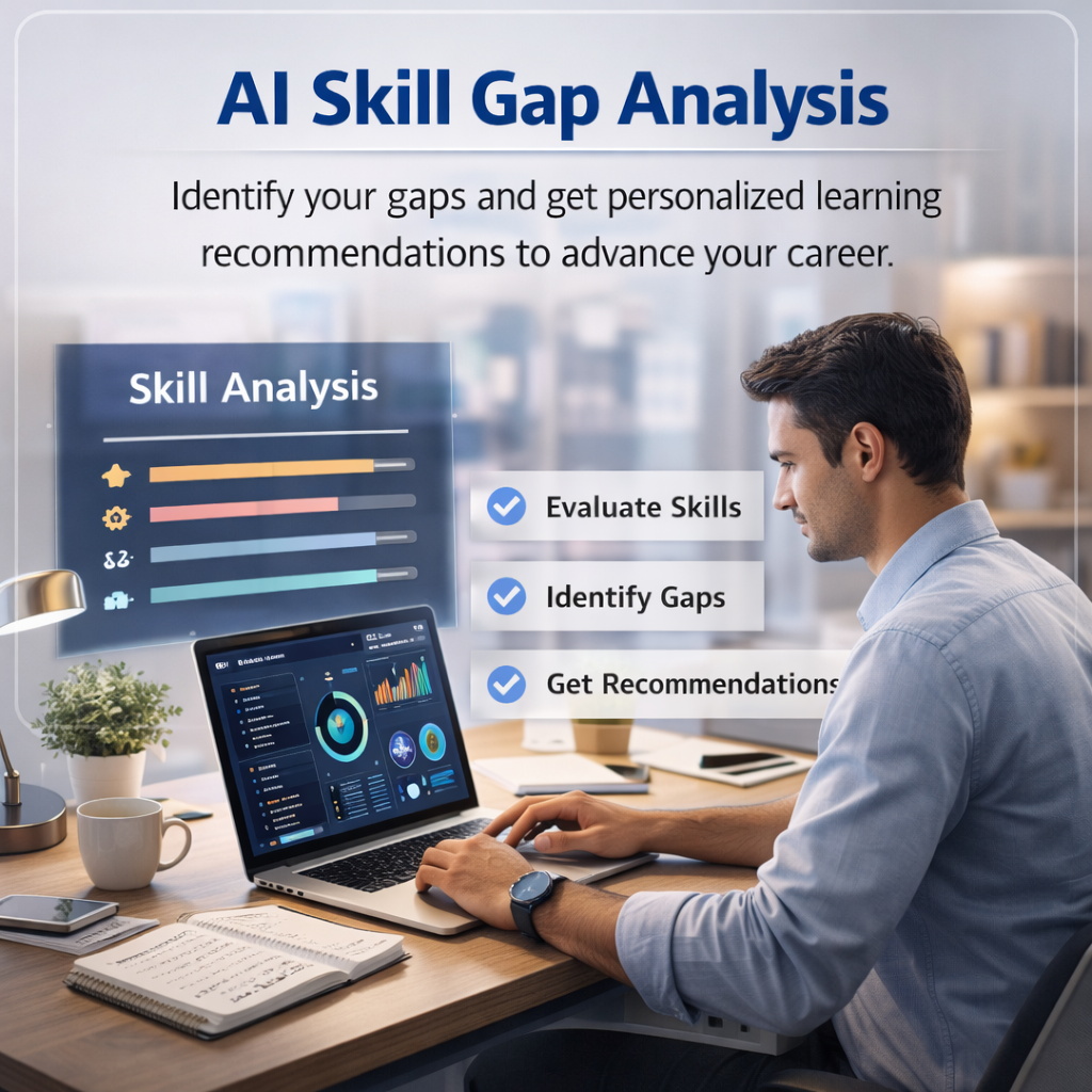 AI skill gap analysis illustration, futuristic skills assessment interface, digital competency dashboard, AI analytics visualization, students analyzing data screen, skill evaluation technology concept, artificial intelligence assessment graphic, modern edtech visual, holographic analytics display, smart learning insights interface