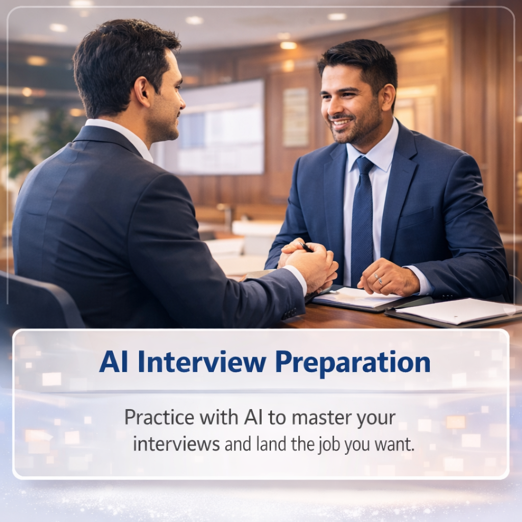 AI interview preparation image, realistic mock interview meeting, job interview practice with AI, professional interview coaching, AI-powered interview training, candidate interview readiness session, business interview discussion, corporate interview preparation visual, interview skills improvement, career readiness interview support