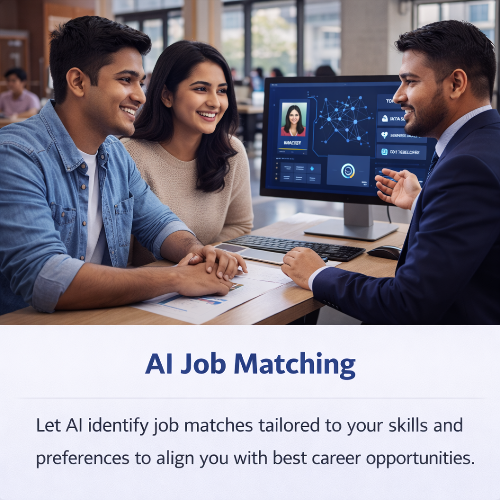 ai job matching, students getting job guidance, ai career assistance, students with career counselor, ai skill based job matching, real time job recommendation system, students career support technology, ai recruitment assistance, job matching dashboard, ai helping students find jobs