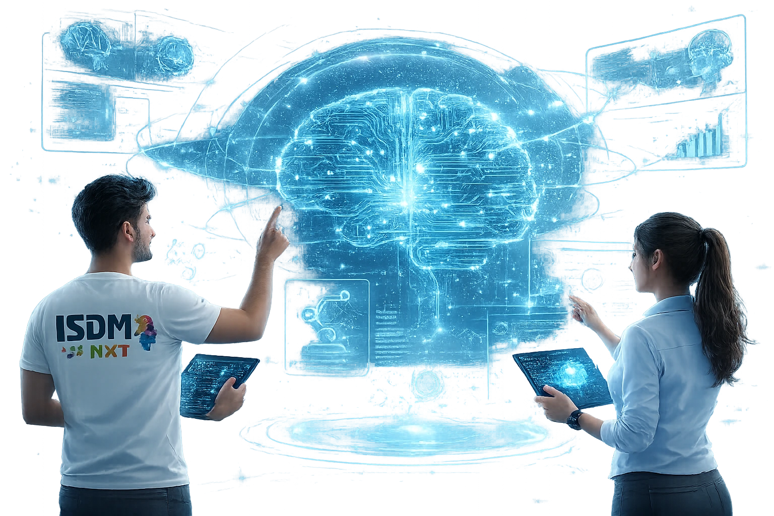 AI trainers controlling holographic brain interface, AI powered skill training institute, ISDM NXT trainer t-shirt, futuristic AI learning environment, trainers enhancing AI skills with digital tablets, transparent background technology image
