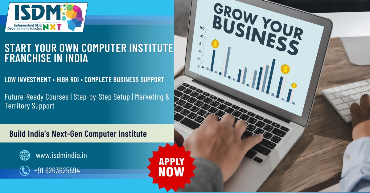 Best computer institute franchise in India, modern computer training classroom, students learning on desktop computers, professional IT training center, education business opportunity India