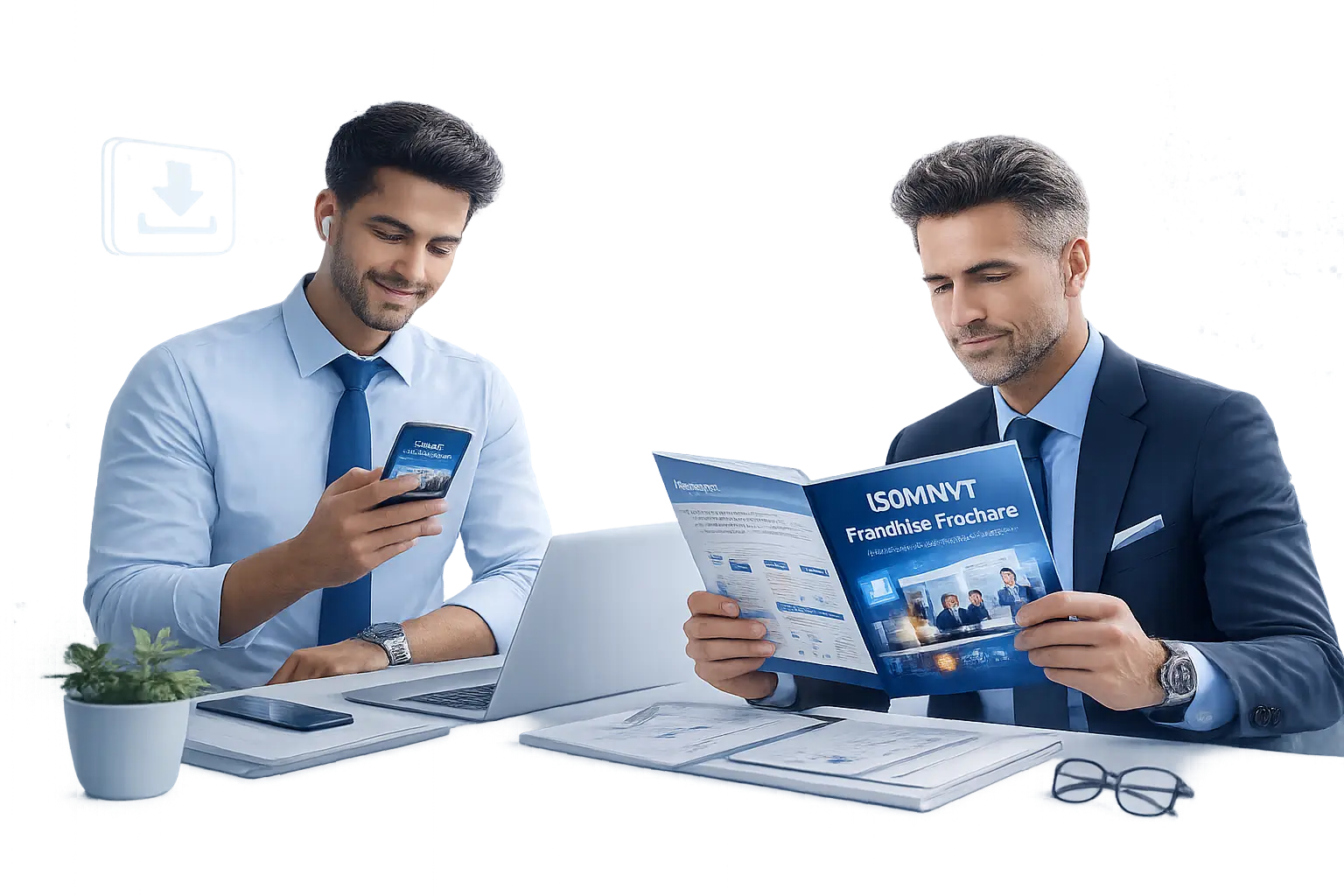 professional investor reading franchise brochure, businessman downloading brochure on phone, corporate office consultation scene, franchise opportunity discussion, business partners reviewing brochure, modern office professionals analyzing business document, entrepreneur studying franchise details