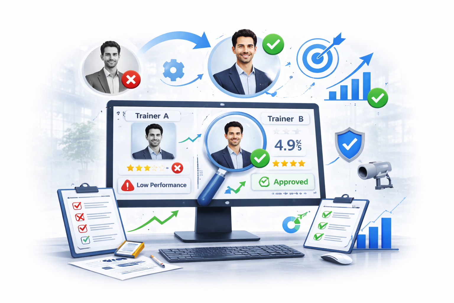 Corporate illustration showing trainer performance comparison dashboard with low-performing trainer replaced by approved high-rated trainer, including analytics charts, ratings, and approval indicators.