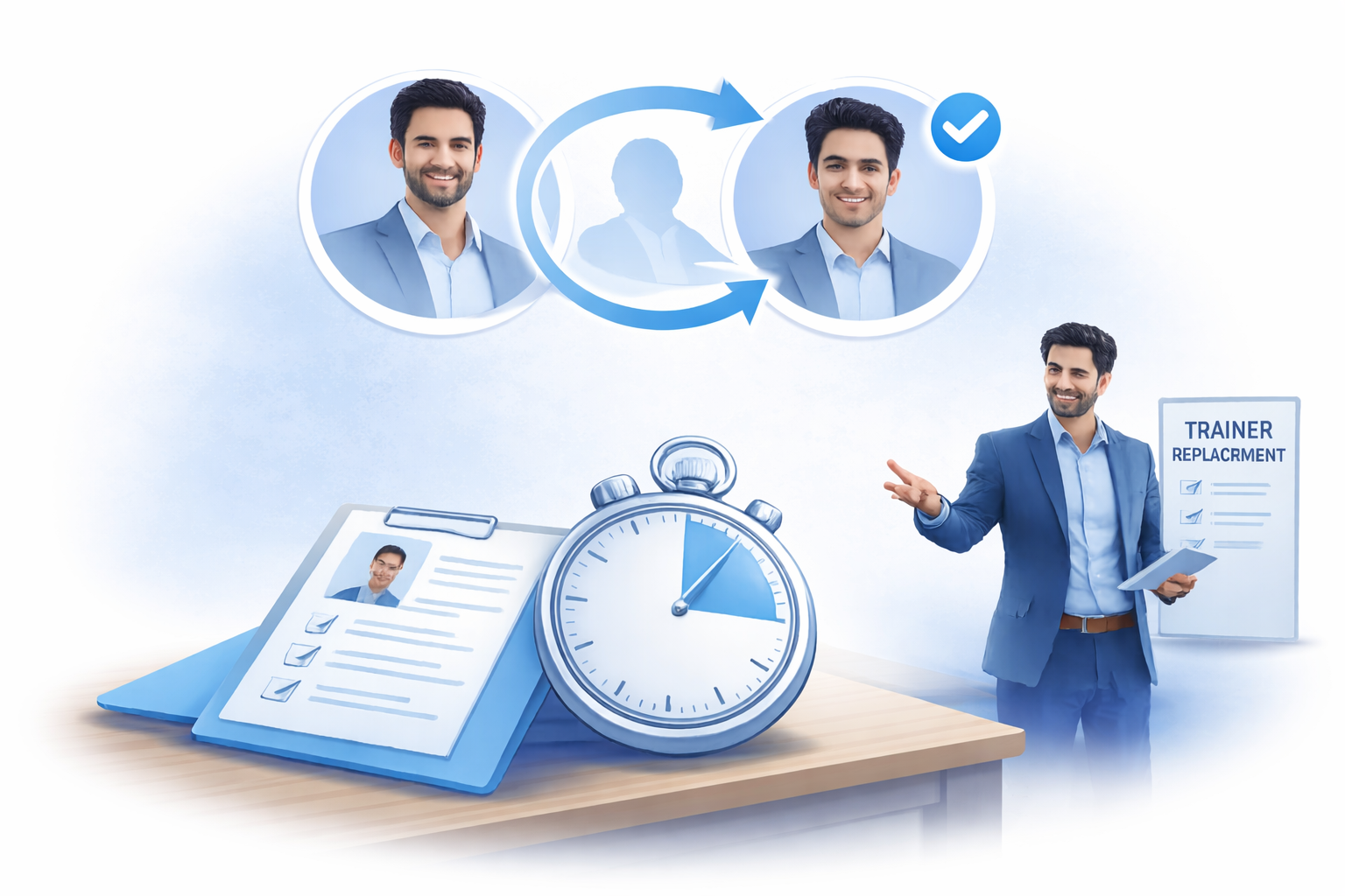 Quick replacement support illustration showing trainer profile transition with circular arrows, checklist, stopwatch, and professional trainer presentation