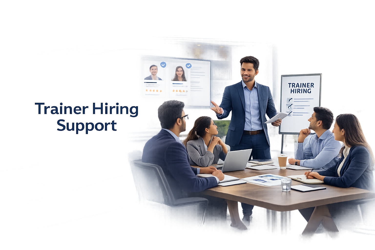 Professional team meeting discussing trainer hiring support with candidate profiles displayed in modern office environment