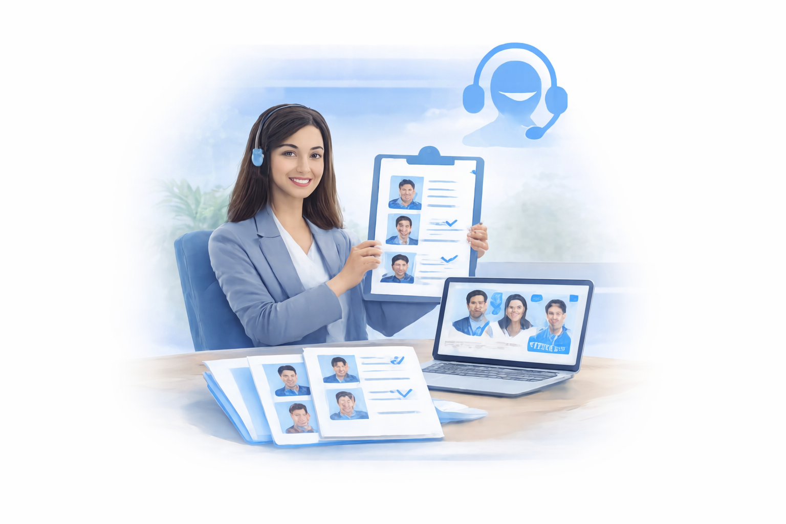 Backup trainer availability illustration showing HR executive reviewing trainer profiles on clipboard and laptop with headset support icon