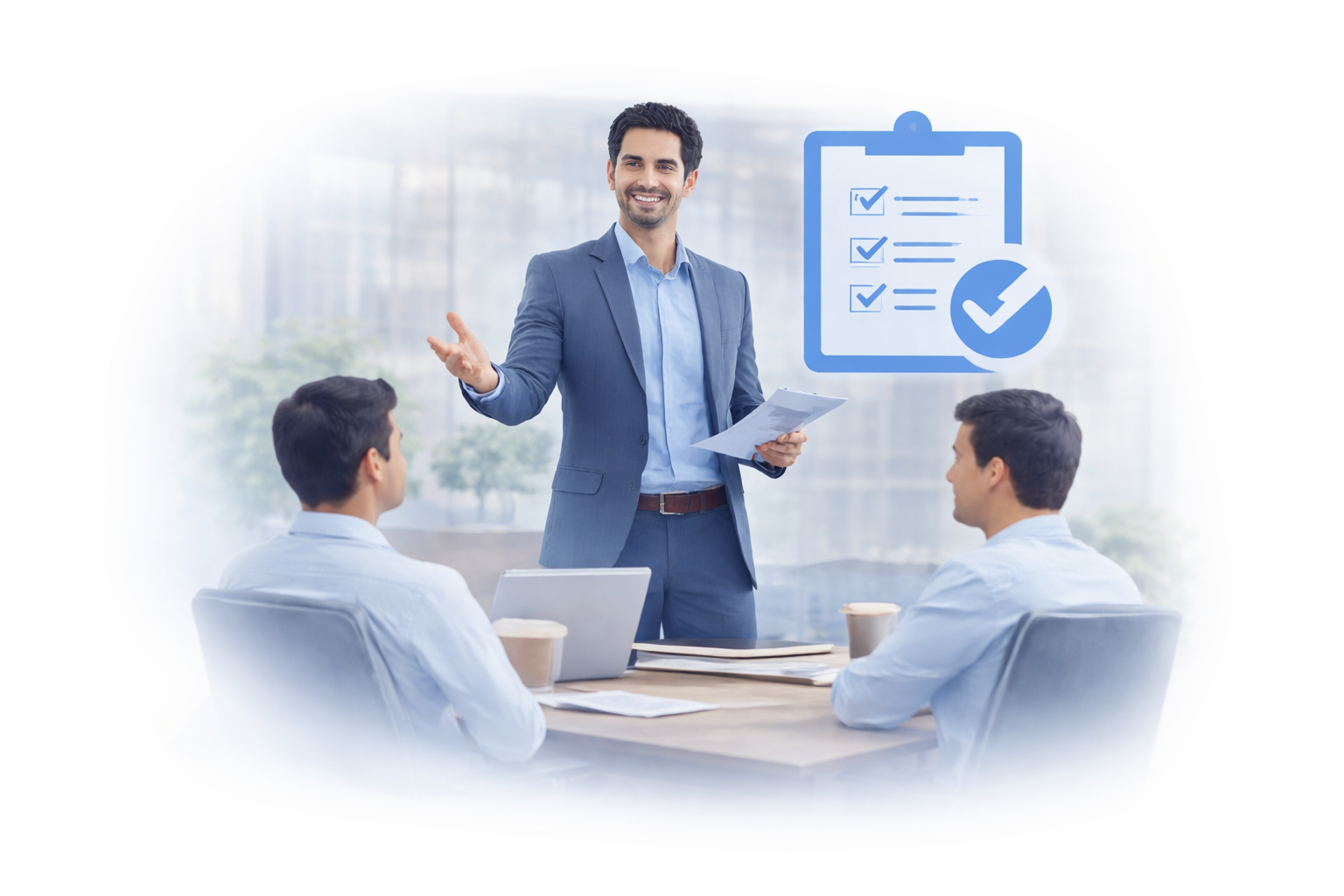 Temporary trainer support illustration showing professional trainer conducting session with checklist approval symbol in modern office