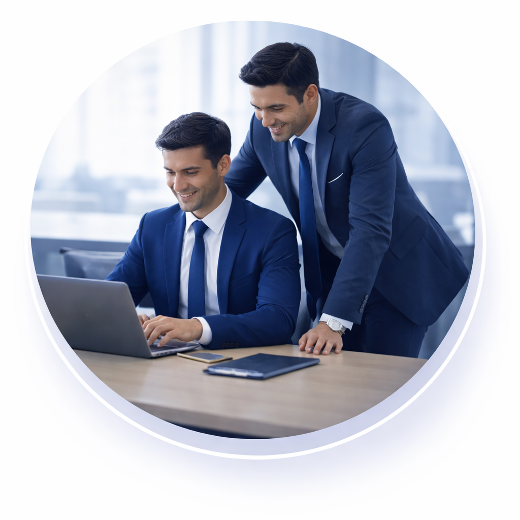 Two business professionals collaborating at a laptop during post-hiring performance alignment process