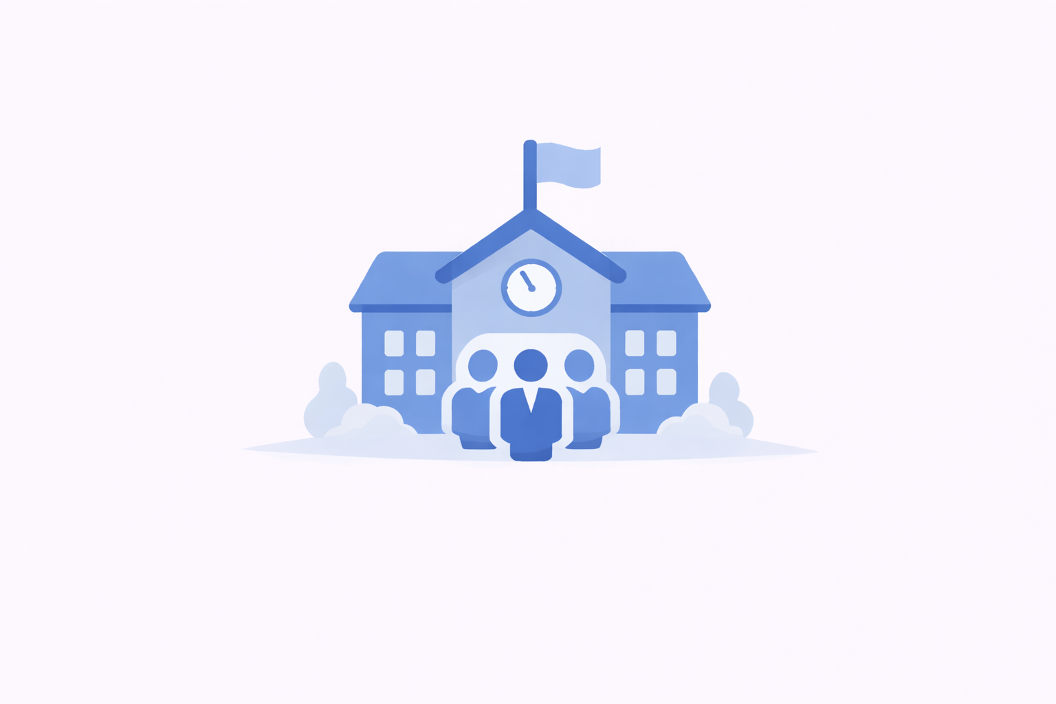 Blue vector illustration of a school building with clock and student figures, representing educational organizations, academic institutions, and professional training centers.