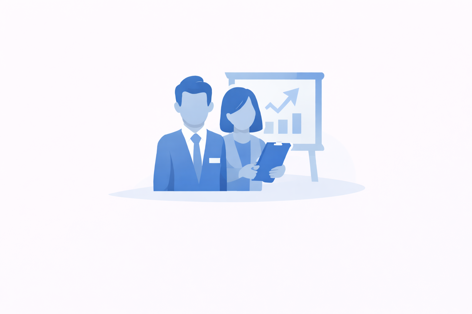 Blue vector illustration of business professionals standing in front of a growth chart board, representing corporate training companies, business development programs, and professional skill enhancement services.