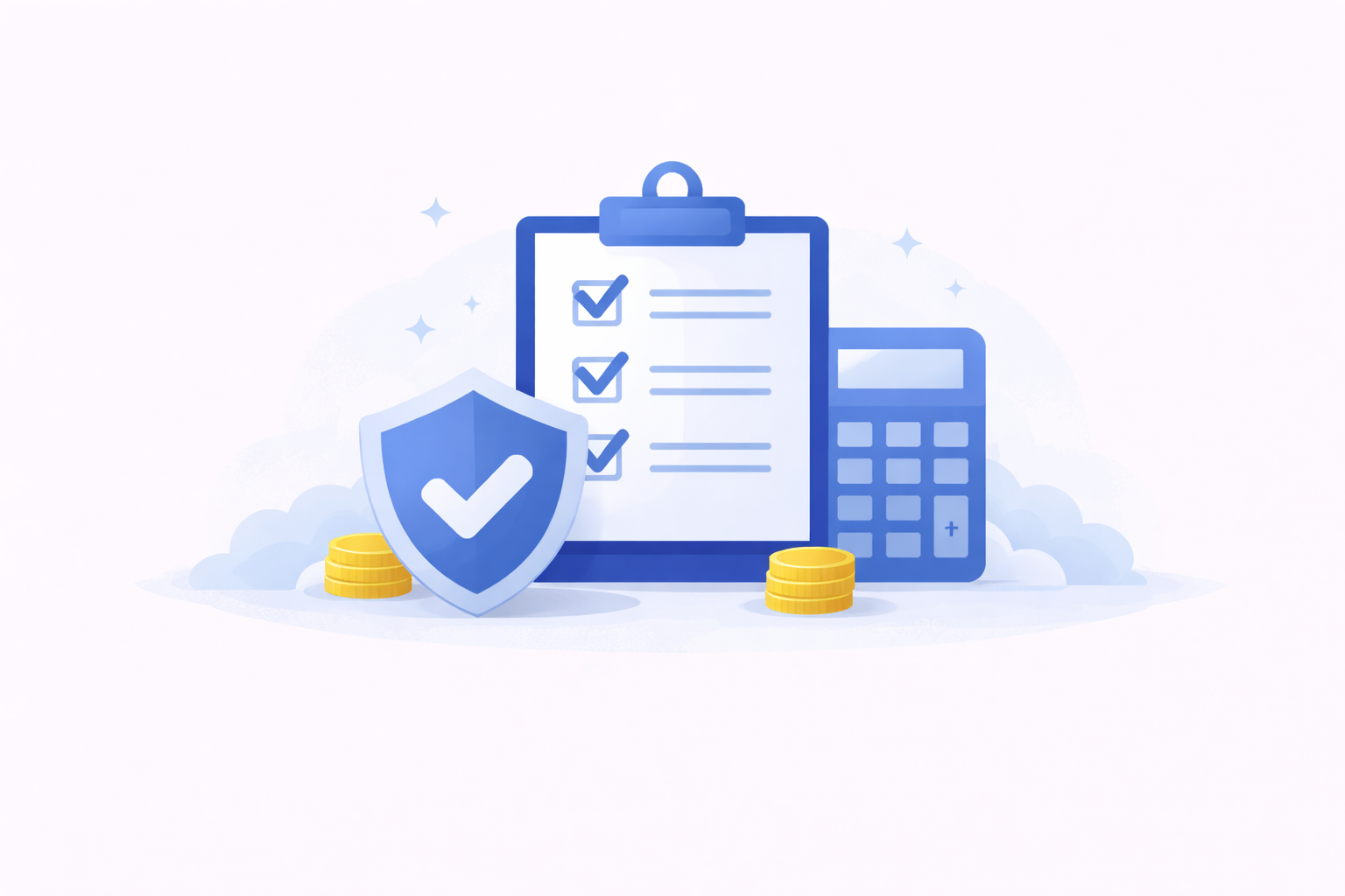 Flat blue vector illustration of a financial compliance and task management system featuring a checklist clipboard, security shield with checkmark, calculator, and coins, representing secure operations, process control, and business performance management for computer training institutes and startups.