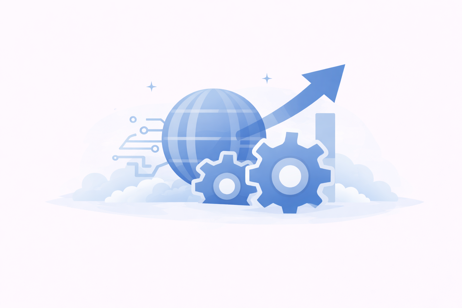 Flat blue illustration of global business growth with globe, gears, and upward arrow.
