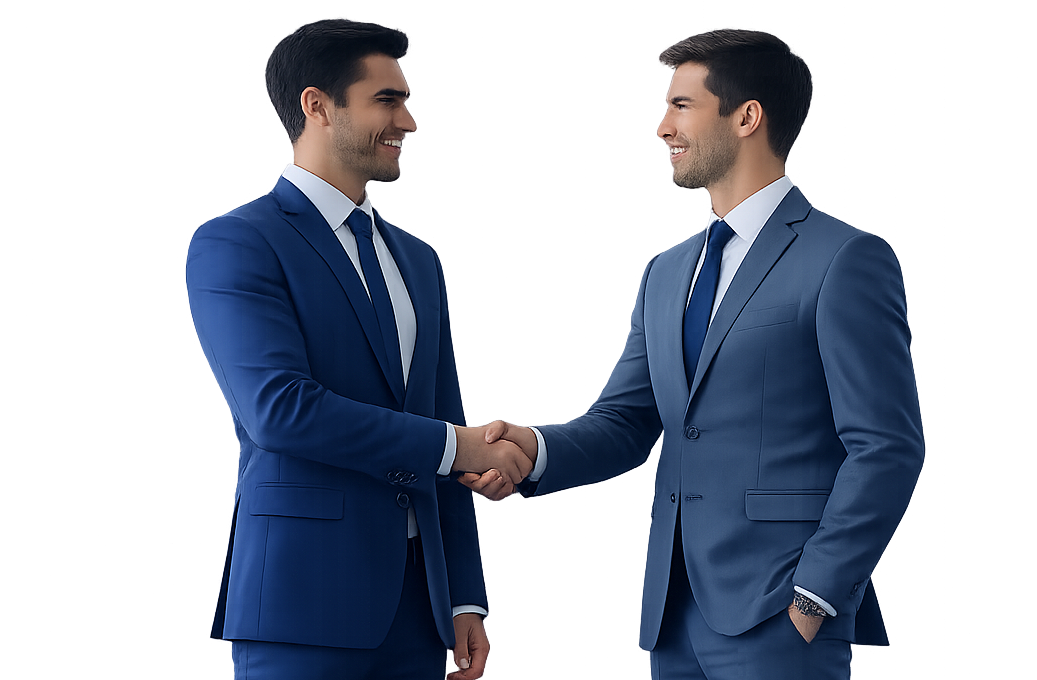 Two professional businessmen in suits shaking hands in a modern office setting.
