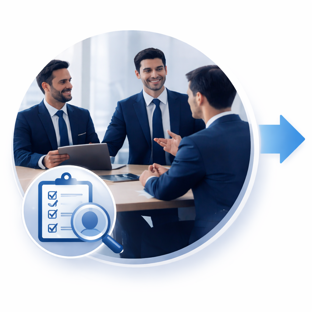 Three professional businessmen in suits discussing hiring requirements in a modern office meeting.