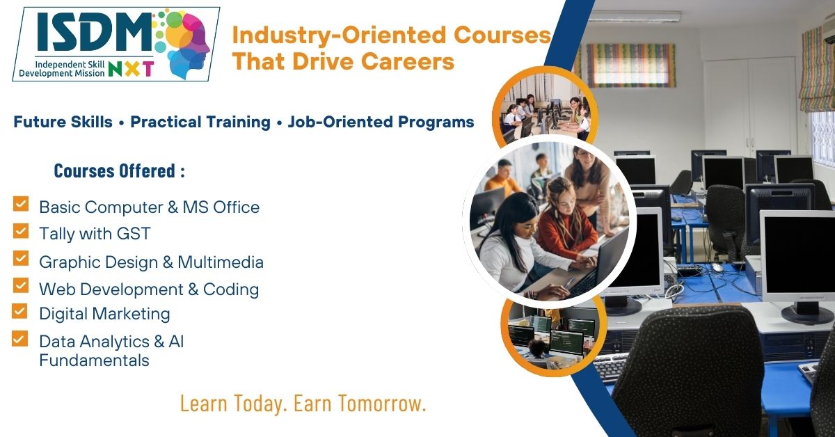 computer courses training center India, students learning coding and digital marketing, graphic design classroom setup, Tally with GST training, industry oriented IT courses India