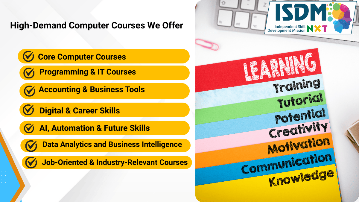 Courses offered under computer center franchise in Uttar Pradesh, job oriented computer courses in UP including digital marketing and full stack development, ADCA DCA PGDCA and basic computer diploma courses in Uttar Pradesh, skill based programs like spoken English MS Office and interview preparation in UP, AI and automation training courses under computer institute franchise in Uttar Pradesh, diversified computer training programs targeting students job seekers and working professionals in UP, professional and academic computer courses for stable franchise revenue in Uttar Pradesh