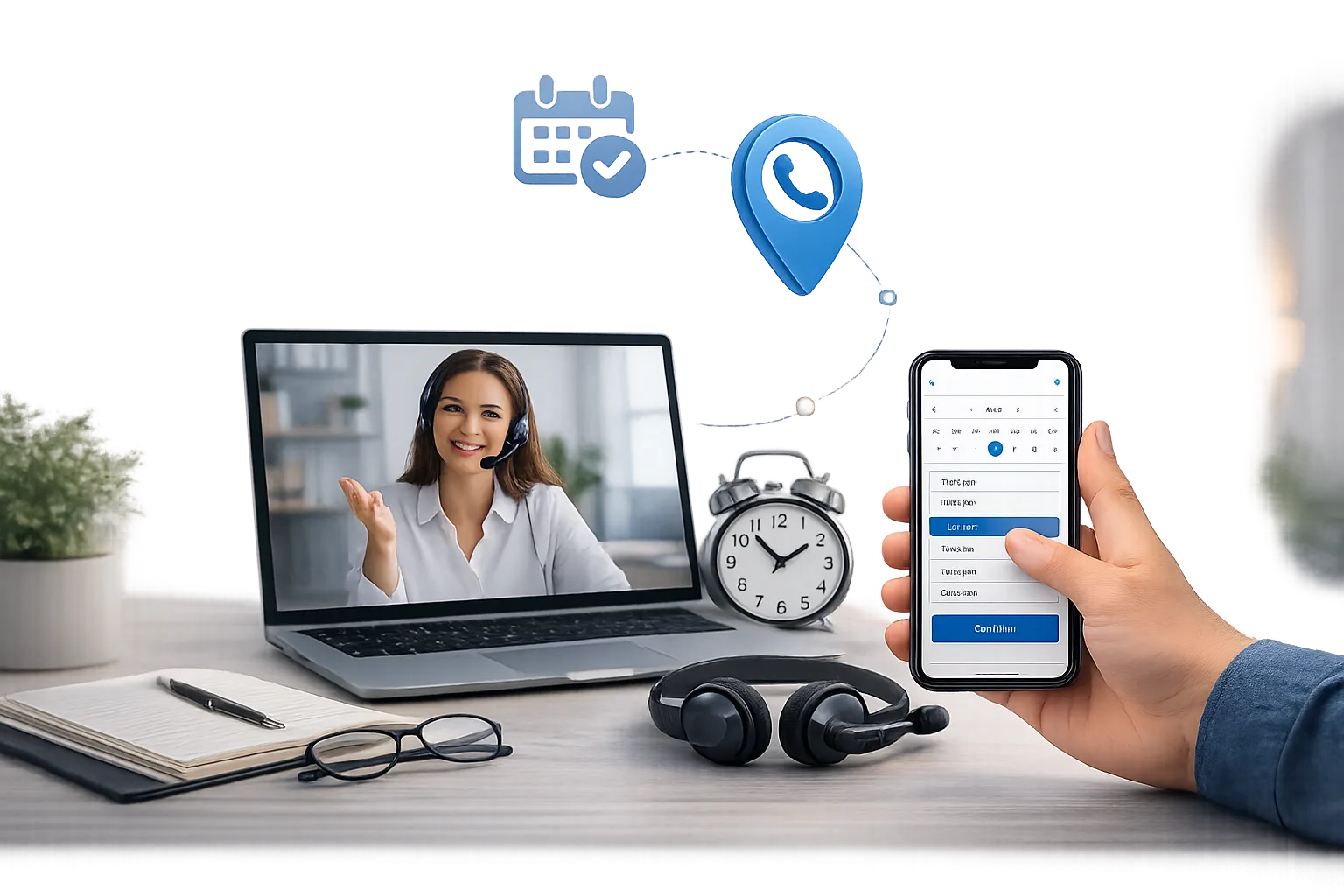 Professional business advisor conducting an online discovery call on laptop with scheduling setup