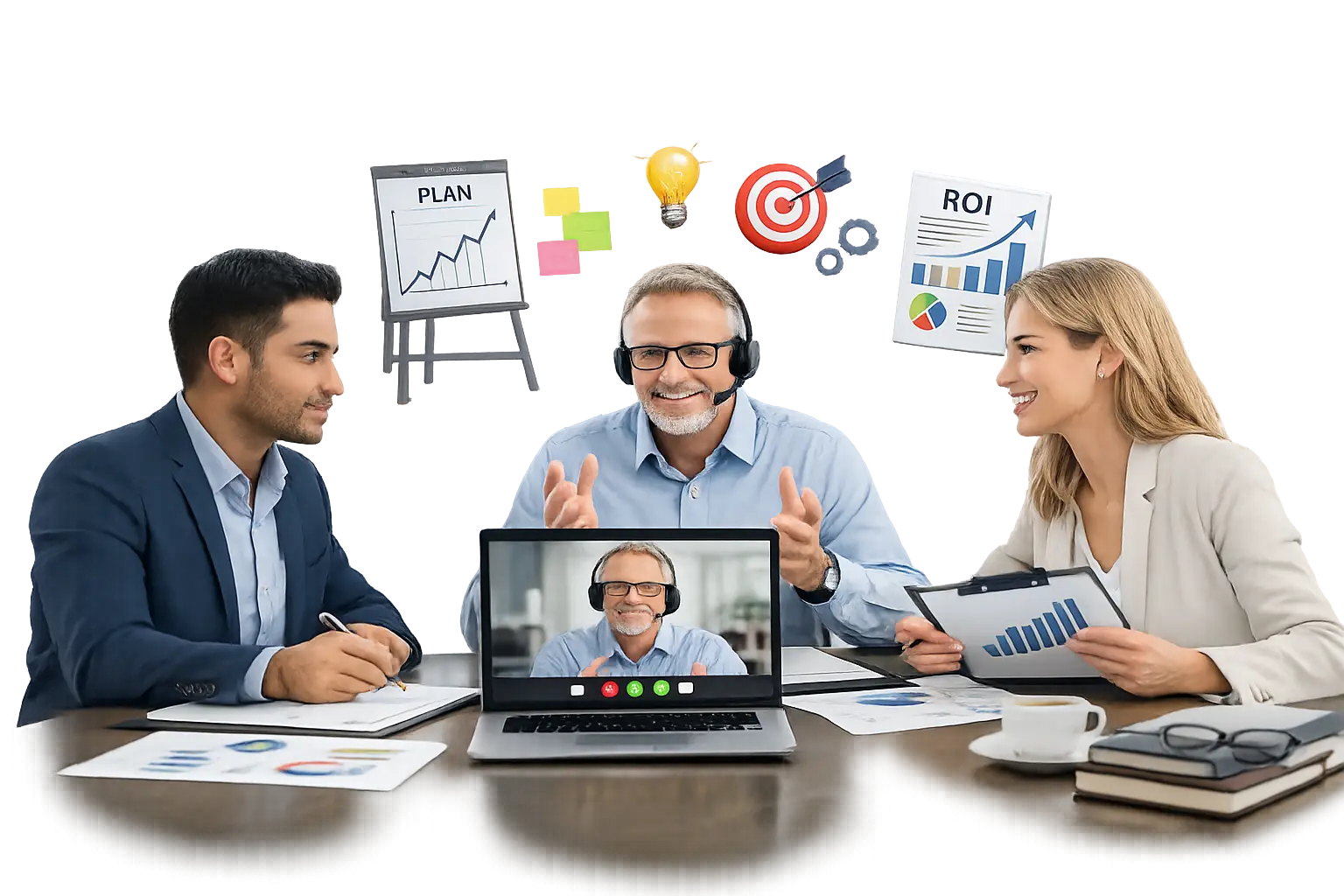 Strategic franchise consultation online meeting with business professionals discussing investment planning and growth strategy