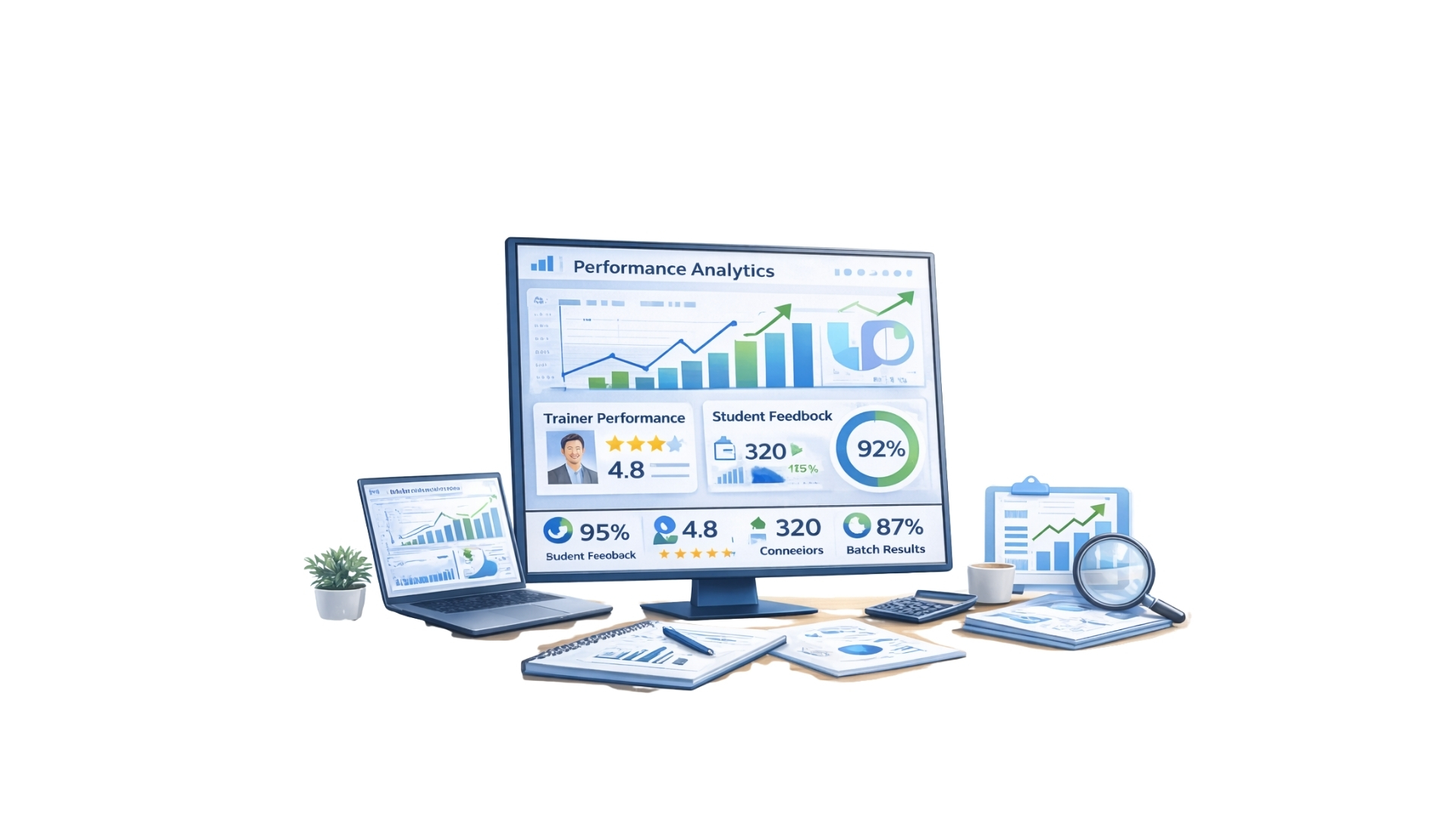 Professional performance monitoring system illustration showing trainer performance tracking, student feedback analysis, counselor conversion rates, and batch results in a modern office setting, with digital charts, graphs, and workflow documents for education and training management.