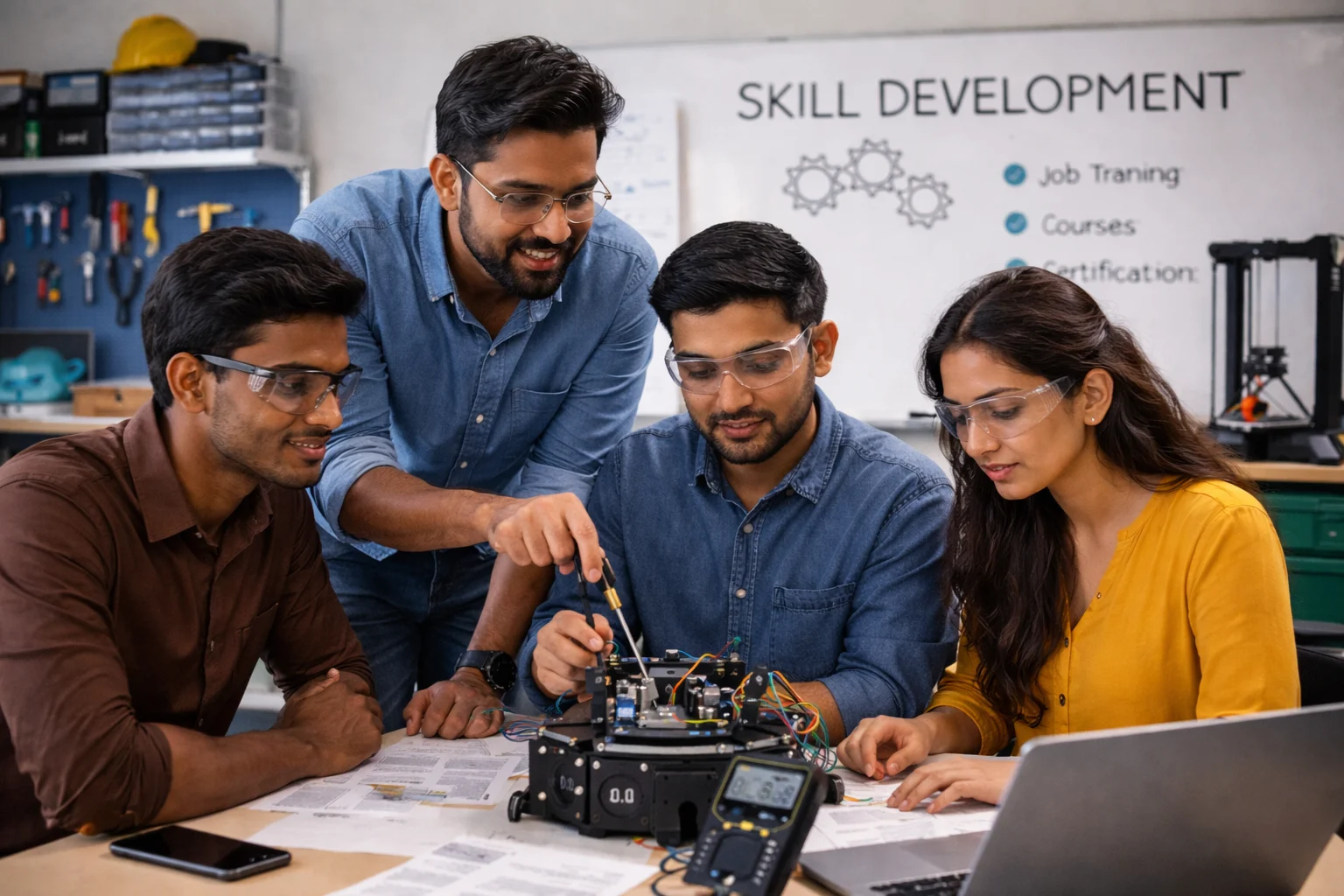 Group of students collaborating on a robotics project during a skill development training session, working with electronic components and a laptop in a modern lab.