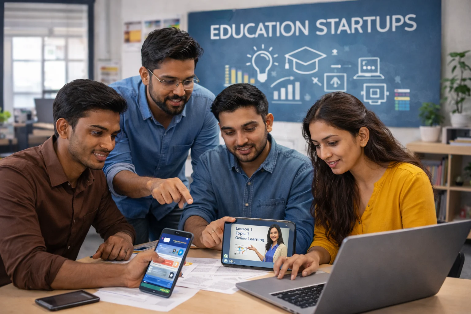 Group of young professionals collaborating in an education startup environment, reviewing online learning content on a tablet and laptop with “Education Startups” displayed in the background.