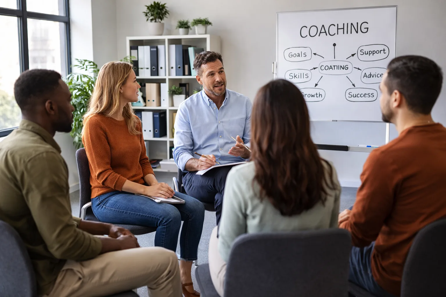 Coach leading a small group discussion in a modern office, explaining goals, skills, growth, and success concepts on a whiteboard.