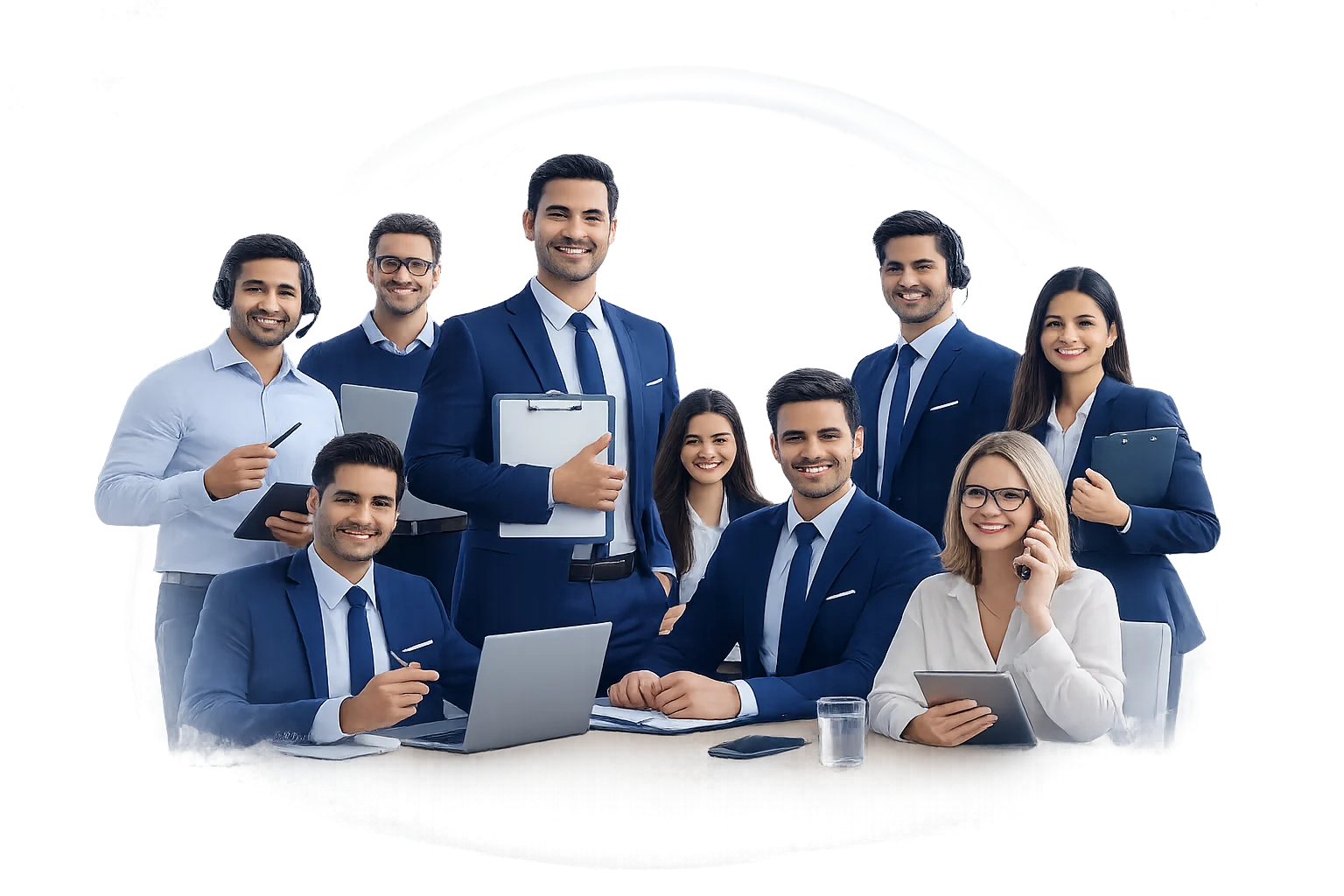 Professional team representing trainers, counselors, managers, IT instructors, HR and marketing staff standing together in corporate setting