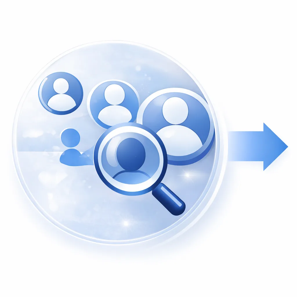 Blue circular icon showing user profiles with a magnifying glass representing talent sourcing and candidate search.