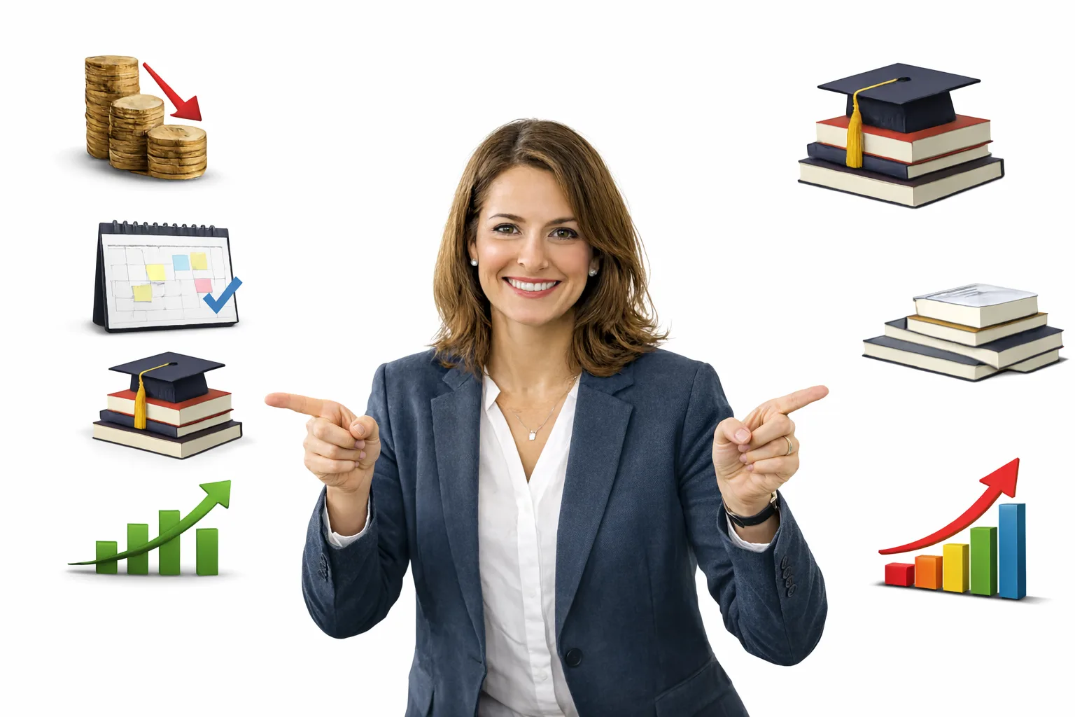 Confident businesswoman pointing at financial, academic, scheduling, and growth icons surrounding her, representing business efficiency, learning, and progress concepts.