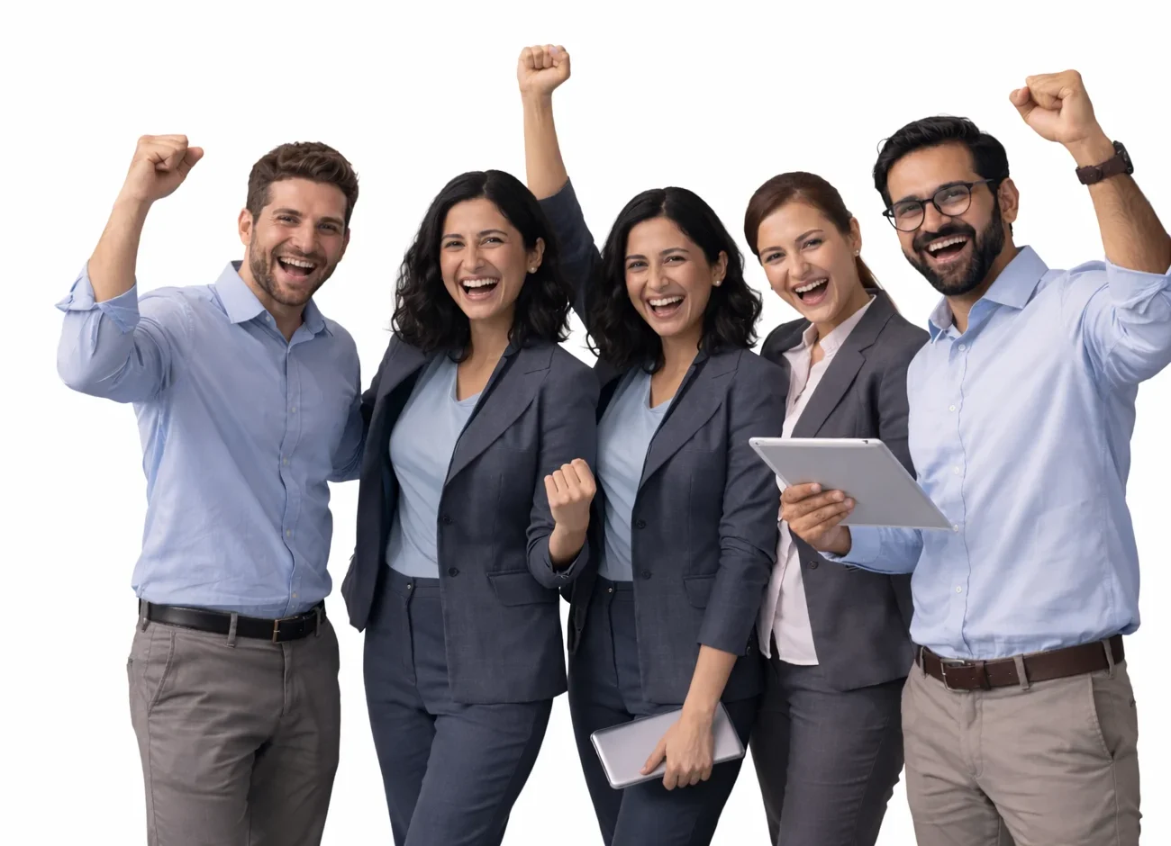 Group of happy business professionals celebrating success with raised fists in a bright studio background, representing cost savings and operational efficiency.