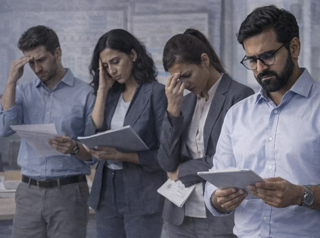 professional trainer having problem in leading a business training session with team members listening attentively in a office environment.